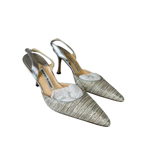 Manolo Blahnik Silver Striped Slingback Pointed Toe Heels Pumps Size 37 - Picture 2 of 9